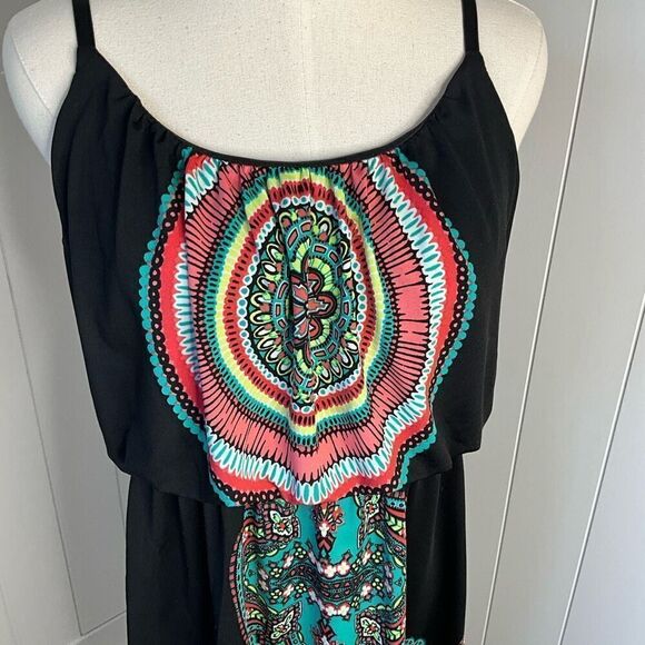 Studio Y Womens Size Large Mini Sundress Black Turquoise Print Adjustable Straps - Picture 2 of 12